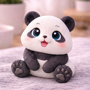 Pode incluir: Estatueta de panda artesanal com corpo branco, detalhes pretos e expressão sorridente. O panda tem grandes olhos azuis, bochechas rosadas e está sentado com as patas estendidas. A estatueta é feita de um material liso.