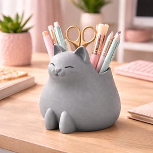 Portalápices con forma de gato sonriente, organizador de escritorio kawaii, portalápices, archivo STL 3D