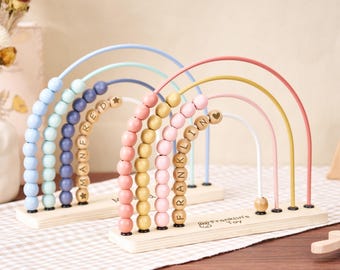 Abaco Montessori personalizzato, abaco in legno inciso personalizzato, abaco arcobaleno per bambini, giocattolo educativo per bambini piccoli, regalo per baby shower, regalo di compleanno per neonati