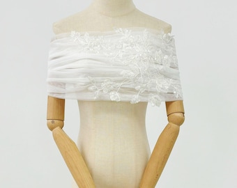 Wedding Dress Wrap for Strapless,Bridal Off Shoulder Tulle Shawl Bolero,Bride Flutter Sleeve Topper,Ivory Lace Wedding&Party Dress Cover