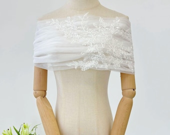 Off Shoulder Bridal Shawl with Sequins,Wedding Cover-Up for Evening Gown,Tulle&Lace Wedding Dress Wrap,Minimalist Semi-sheer Bridal Cape