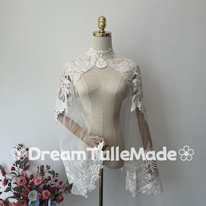 Dreamy Wedding Belero,Bridal Shawl with Poet Sleeves,Romantic Bride Cover-Up,Floral Bride Bolero,Bridal Wrap,Tulle Wedding Neck Cape