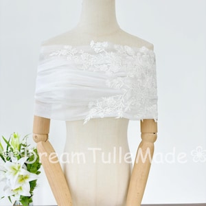Wedding Cape with Lace Flower,Bridal Tulle Cover up,Tulle Bride Bolero,Wedding Shawl with Embroidery,Semi-Sheer Bridal Wrap,White Bride Wrap