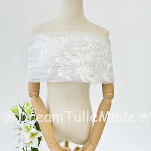 Bridal Sheer Off-Shoulder Wrap,Lace&Tulle Wedding Shawl,Colored Embroidered Wedding Bolero,Romantic Bridal Cover-Up,Sheer Tulle Wedding Cape