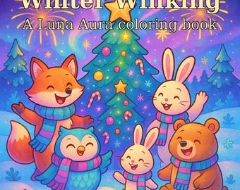 Può includere: Un'illustrazione colorata per un libro da colorare intitolato "Winter Winking" di Luna Aura. L'immagine presenta un albero di Natale decorato con ornamenti e bastoncini di zucchero, circondato da animali dei cartoni animati tra cui una volpe, un gufo, conigli e un orso, tutti con sciarpe.