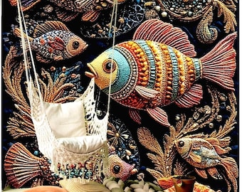 3D Beaded Fish Pattern, Embroidered and Textured Look, Maximalist Self-Adhesive Wallpaper