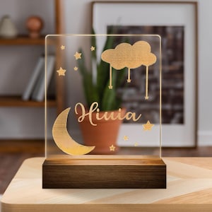 Personalized Moon & Cloud Night Light: Custom Nursery Decor, Wooden Base