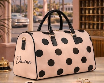 Borsa da viaggio personalizzata in pelle a pois - Borsone da weekend retrò rosa e nero