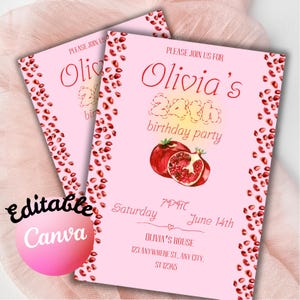 Faire-part d'anniversaire fille grenade style Pinterest vintage modèle personnalisé carte de fête fruit jeune femme imprimable cool bday rétro inviter