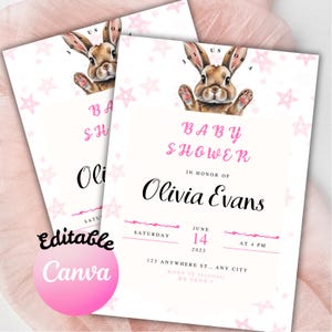 Kleiner Hase-Babyparty-Vorlage entzückende rosa Kaninchen-Mädchen-bearbeitbare Einladung Gender Neutral Party Sofortiger Download-Babyshower-Karte