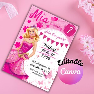 Convite de menina da moda editável, boneca de aniversário, tema de festa rosa, princesa brilhante, modelo digital para impressão e download