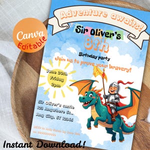 Bewerkbare Dragon Knight verjaardagsuitnodiging kleurrijke middeleeuwse aangepaste feestkaart afdrukbare digitale fantasie uitnodigen kinderen magische sjabloon