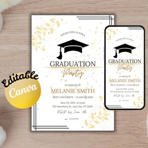 Invitation de fête de remise des diplômes or Invitation de luxe pour étudiant diplômé Carte de fête modifiable pour seniors universitaires Diplôme universitaire Célébration personnalisée