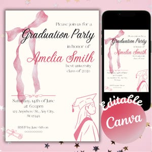 Invitation coquette avec noeud rose, carte de fête de remise des diplômes 2025, modèle de dessin aquarelle de fille modifiable sur toile Pinterest, inviter un diplômé universitaire
