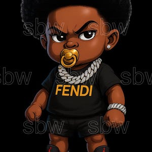 Puede incluir: Ilustración de dibujos animados de un bebé con un gran afro, que lleva una camiseta negra de Fendi, pantalones cortos y zapatillas deportivas. El bebé tiene un chupete dorado, una cadena de diamantes, una pulsera y un pendiente. Las zapatillas son negras, rojas y blancas.