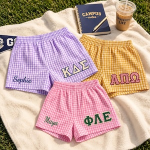 Anpassade rutiga shorts med grekiska bokstäver och broderi, ginghamshorts med bokstäver och lapp, present till Big Little Reveal, present till universitetskläder