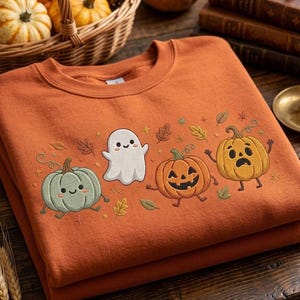 Trui met geborduurde pompoen en spookmotief, schattige Halloween-trui met ronde hals, griezelige herfsttrui, gezellig herfstcadeau, shirt voor oktober, seizoenskleding
