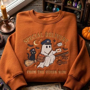 Halloween Ghost Embroidered Sweatshirt, Special Delivery Postal Crewneck, Spooky Mailman Shirt, Cozy Fall Pullover, October Gift Idea