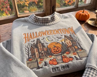 HalloweenTown Embroidered Gingham Mock neck Sweatshirt, Spooky Village Shirt, Haunted House Pumpkin Shirt, Retro Fall Halloween Gift