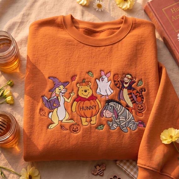 Embroidered Halloween Winnie The Pooh and Friends Sweatshirt, Cute Storybook Bear Pumpkin Shirt, Fall Autumn Shirt, Spooky Friends Gift