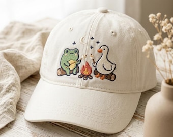 Frog and Goose Campfire Embroidered Baseball Cap, Cottagecore Camping Dad Hat, Cozy Forest Animal Gift Hat, Funny Nature Lover Hat