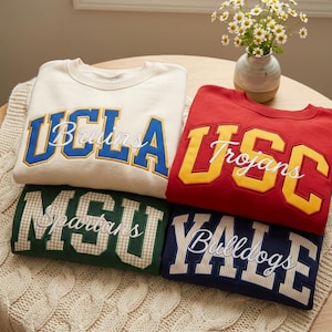 Pode incluir: Quatro camisolas de gola redonda com letras de estilo universitário. Uma creme com texto azul UCLA Bruins, uma vermelha com texto amarelo USC Trojans, uma verde com texto xadrez MSU Spartans e uma azul-marinho com texto às riscas YALE Bulldogs.