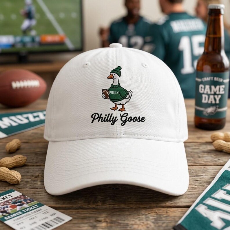May include: A white baseball cap featuring a graphic of a goose wearing a green beanie and a green sweater with the word Philly printed on it. The goose is holding a brown football. The text Philly Goose is printed in black below the graphic.