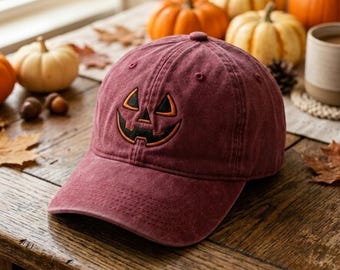 Spooky Season Embroidered Hat, Pumpkin Face Baseball Cap, Halloween Dad Hat, Fall Festival Gift