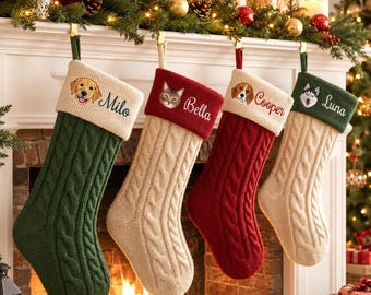 Custom Pet Christmas Stocking, Custom Name Dog Cat Portrait, Pet Name Holiday Decor, Dog Mom Cat Mom Gift, Embroidered Knit Stocking