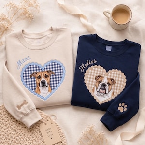 Custom Embroidery Pet Portrait Sweatshirt, Custom Dog Embroidery Shirt, Gingham Heart Patch Shirt, Dog Mom Gift, Pet Memorial Keepsake