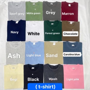 May include: A collection of sixteen short-sleeved crew neck t-shirts in various solid colors including sport grey, military green, grey, maroon, navy, white, forest green, chocolate, ash, light blue, sand, carolina blue, beige, black, wash, and light pink.