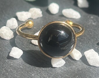 Selena – Black Agate/Onyx Ring | Adjustable Ring | Natural Stone for Protection & Grounding | Handmade Stainless Steel Jewelry