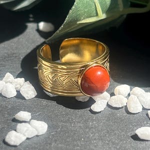 Red Jasper Ring – Sylmor | Adjustable stainless steel ring with Celtic engraving | Natural vitality stone | Handmade jewelry for women and men