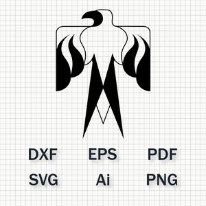 Puede incluir: Gráfico en blanco y negro de un águila estilizada con llamas, sobre un fondo de cuadrícula. Debajo del águila están las abreviaturas de los tipos de archivo: DXF, EPS, PDF, SVG, Ai y PNG.