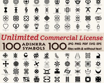unlimited commercial license – 100 adinkra african symbols | svg png pdf jpg eps | with and without text | physical & modified digital use