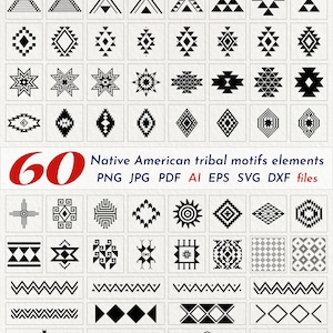 Puede incluir: Una colección de 60 motivos tribales nativos americanos en blanco y negro. Los diseños incluyen formas geométricas, estrellas, diamantes y zigzags. El texto dice "Native American tribal motifs elements" y tipos de archivo: PNG, JPG, PDF, AI, EPS, SVG, DXF.