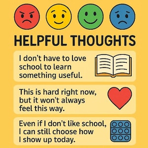 May include: A yellow poster with the text "HELPFUL THOUGHTS" and illustrations of a book, heart, and sun. The poster includes phrases like "I don't have to love school to learn something useful."