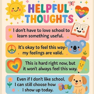 May include: A colorful poster with the words "Helpful Thoughts" and positive affirmations. The image includes illustrations of a sun, a rainbow heart, a book, a koala, a pencil, a dog, a cloud, and stars. The phrases encourage self-compassion.