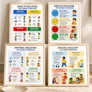 Op de afbeelding: Vier ingelijste posters met de tekst "Zones van Regulatie - Mijn Coping Strategieën" en "Emotionele Regulatie - Mijn Coping Strategieën". Elke poster heeft kleurgecodeerde zones: blauw, geel, rood en groen, met coping strategieën.