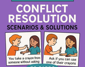 May include: A purple graphic with the text "TEACHING MADE EASY BY MRS H" and "CONFLICT RESOLUTION SCENARIOS & SOLUTIONS." Two illustrated scenarios show children interacting with crayons. The text "50 CARDS" is at the bottom.