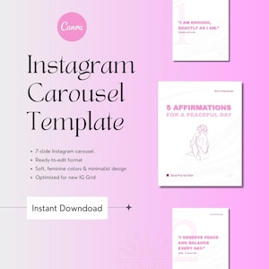 Modelo de Carrossel para Instagram Canva | Post de Afirmações Editáveis | Modelo de Mídia Social Feminina | MadeByBia