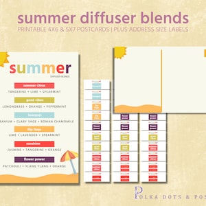 Könnte beinhalten: Druckbare 4x6 und 5x7 Postkarten mit einem Sommerthema. Die Postkarten zeigen eine Strandszene mit einem Sonnenschirm und einer Sonne. Der Text auf den Postkarten lautet "summer diffuser blends" und listet verschiedene Diffusor-Mischungen mit ätherischen Öl-Kombinationen auf. Es gibt auch Adressaufkleber in der Größe mit den gleichen Sommer-Diffusor-Mischungen.