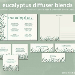 May include: Printable 4x6 postcard featuring a eucalyptus diffuser blend recipe card. The card has a green and white floral design with the text "eucalyptus diffuser blends" and a list of different diffuser blends with their ingredients.