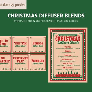 以下が含まれることがあります： 赤と緑の配色で印刷可能なクリスマスディフューザーブレンドレシピカード。カードには、「タイニー・ティム」、「ハンバグ」、「ミスター・クランチット」など、さまざまなクリスマスをテーマにした名前が書かれています。
