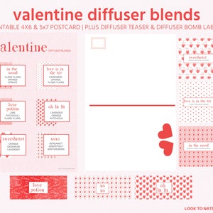 May include: A Valentine's Day-themed printable set featuring diffuser blends. The design includes labels with phrases like "in the mood" and "love potion," along with a postcard template. The color scheme is primarily red and white.