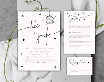 Disco Ball Wedding Invitation Suite, Minimalist Template (Canva)