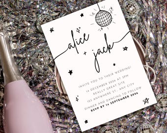 Disco Ball Wedding Invitation Template, Modern Minimalist (Digital Download)