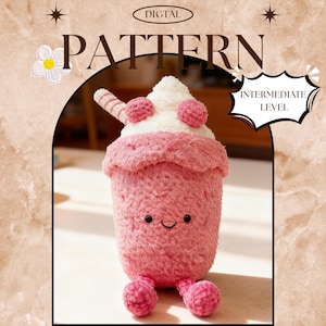 Haakpatroon, zelfstudie aardbeienmilkshake, beginnersvriendelijk milkshake-pluchepatroon, eenvoudig haakpatroon, gehaakt drankje