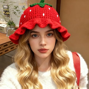 Czapka z truskawkami na szydełku, ręcznie robiony kapelusz rybaka, zimowy kapelusz z czerwonymi jagodami dla kobiet, gotowa czapka z truskawkami na szydełku, kawaii kapelusz typu bucket