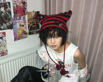 Cat Ear Beanie, Y2K Crochet hat, Gothic Cat Ear Beanie, Unique Winter Crochet Beanie, Playful Y2K aesthetic Crochet Cap,